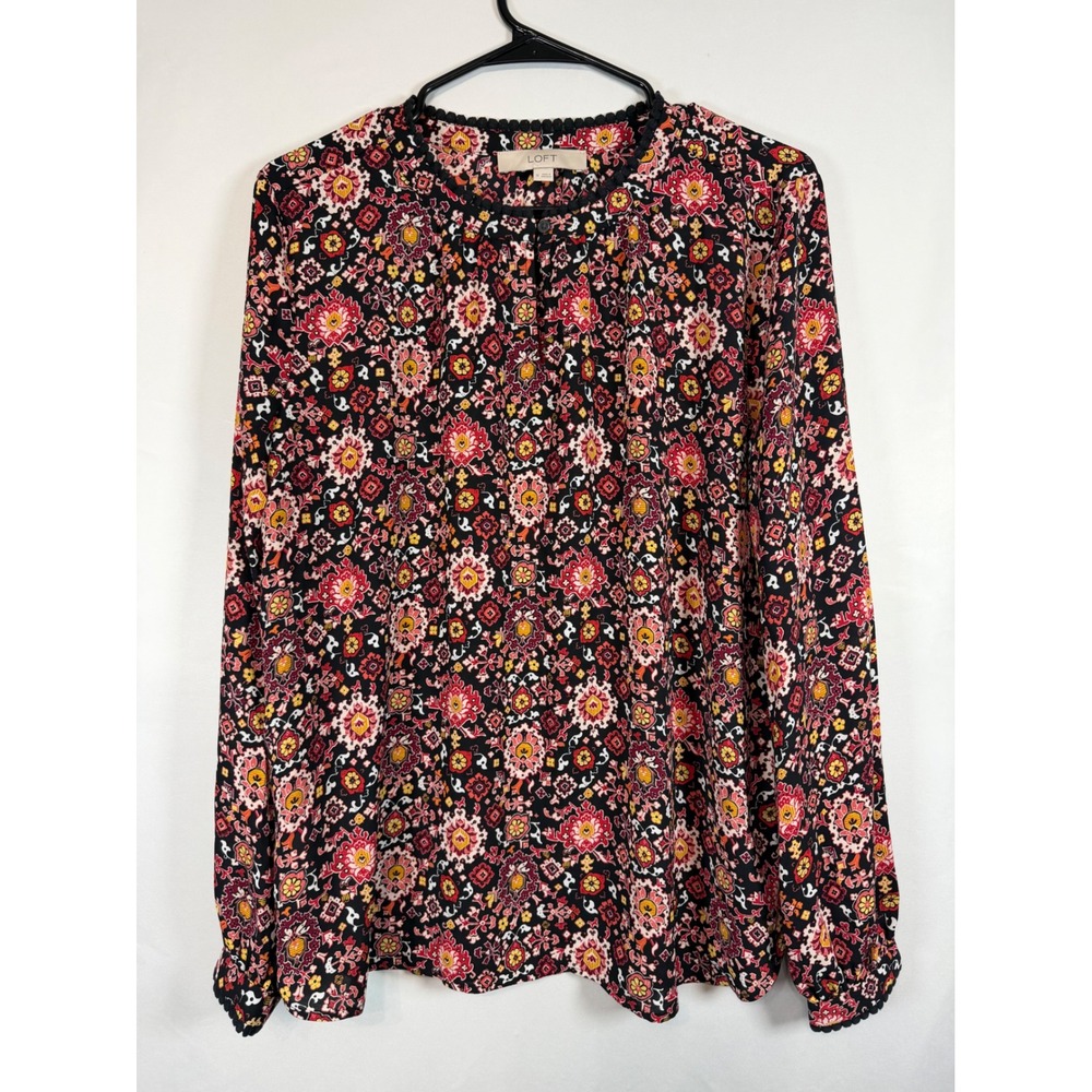 LOFT Womens Red Medallion Paisley Pom Pom Trim Long Sleeve Blouse Size M